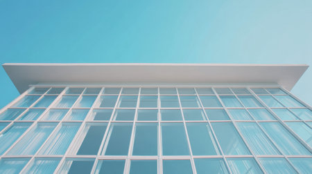 This image captures a modern building with expansive glass windows set against a bright blue sky. The clean lines and minimalist design emphasize contemporary architectural beauty.の素材