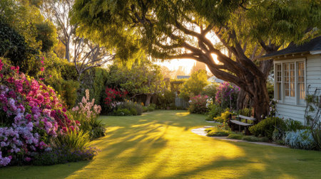 Experience the tranquility of a beautifully manicured garden at sunset, showcasing vibrant flowers and lush grass under the shade of a majestic tree.の素材