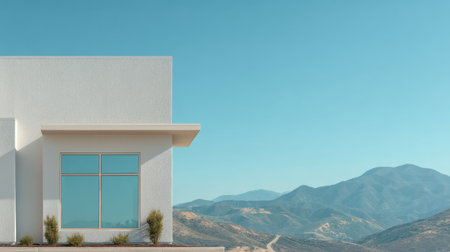 This image captures a modern house with clean lines set against a stunning mountain backdrop under a brilliant blue sky, ideal for visualizing tranquility and contemporary living.の素材