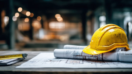 A vibrant yellow construction helmet rests on rolled blueprints in a busy building site, showcasing tools and documents essential for construction planning and safety.の素材
