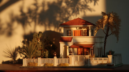 This captivating miniature model of a house features a beautiful design with a garden and palm trees, enhanced by the enchanting play of shadows and soft sunlight.の素材