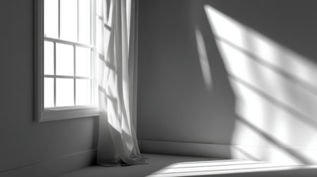 A serene interior scene showcasing soft light streaming through a window, casting delicate shadows on the floor, perfect for minimalist decor and tranquil settings.の素材