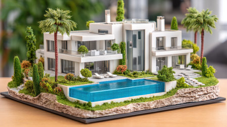 A stunning architectural model of a modern luxury house featuring a swimming pool, lush greenery, and palm trees, creating an elegant and serene interior setting.の素材
