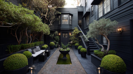 A modern garden retreat featuring vibrant greenery and stylish seating, enhancing tranquility and relaxation in a beautifully designed courtyard space.の素材