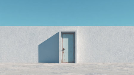 A minimalistic door stands against a smooth wall under a clear blue sky, representing openness and new possibilities in a serene and tranquil environment.の素材