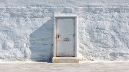 An old door stands alone against a textured white wall, casting shadows and providing a sense of mystery and minimalism, perfect for various design themes and concepts.の素材
