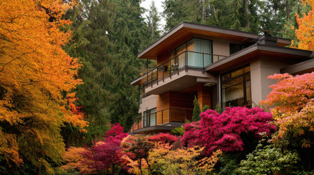A stunning modern house is nestled among vibrant fall colors, showcasing a harmonious blend of contemporary design and natural beauty in an autumn landscape.の素材