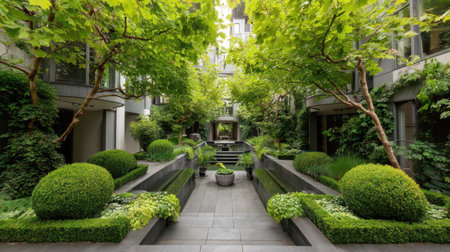 Explore a serene urban garden oasis showcasing lush greenery and tranquil water features. This modern design offers a peaceful escape amidst architectural beauty.の素材