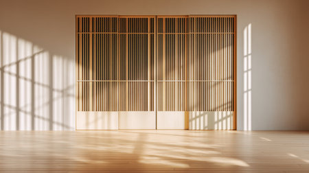 This image showcases a minimalist interior featuring a wooden partition allowing soft, natural light to create a tranquil atmosphere in an elegant space.の素材