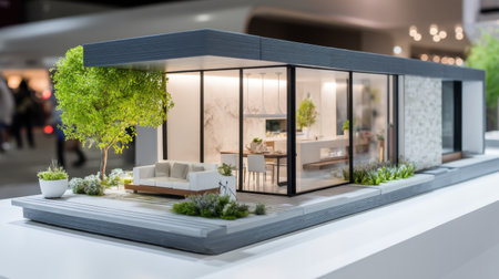 This image features a stunning architectural model of a modern house. The design showcases large windows and a beautiful terrace adorned with lush greenery, embodying minimalist elegance.の素材