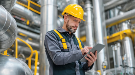 A focused industrial worker in a safety helmet engages with a digital tablet in a modern manufacturing facility, managing operations amidst large pipes and equipment.の素材