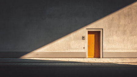 This captivating image showcases a single brown wooden door against a gray wall, illuminated by dynamic sunlight and deep shadows. An ideal choice for modern design themes.の素材