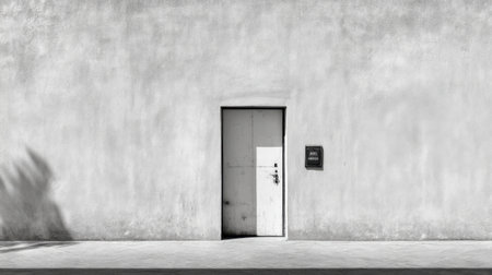A minimalist image showcasing a closed door on a white wall, emphasizing simplicity and tranquility, making it ideal for themes around architecture and modern design.の素材