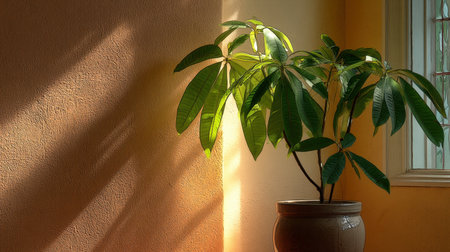 A beautiful indoor plant with lush green leaves sits in a pot against a warm orange wall, creating a serene atmosphere full of natural light and tranquility.の素材