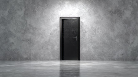 A solitary dark doorway stands against a textured concrete wall, reflecting light on a sleek floor, creating an atmosphere filled with mystery and potential.の素材