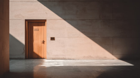This image captures a minimalist interior featuring a wooden door accompanied by striking geometric shadows, creating a tranquil and aesthetically pleasing environment.の素材