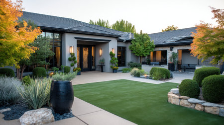 This stunning image captures a modern home's exterior, featuring a beautifully landscaped garden with lush greenery and a welcoming front entrance.の素材