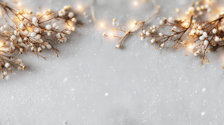 A serene winter scene featuring delicate branches adorned with soft lights against a snowy background. Perfect for conveying festive spirit and seasonal warmth.の素材