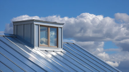 A sleek modern skylight enhances a metal roof against a backdrop of fluffy clouds and a clear blue sky, perfect for showcasing architectural design and home improvement.の素材