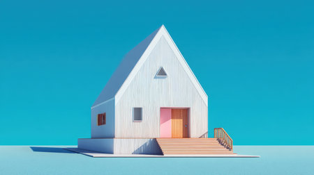 Modern minimalist house stands out in a vivid blue environment with a unique triangular shape and wooden steps. Ideal for design and architecture projects.の素材