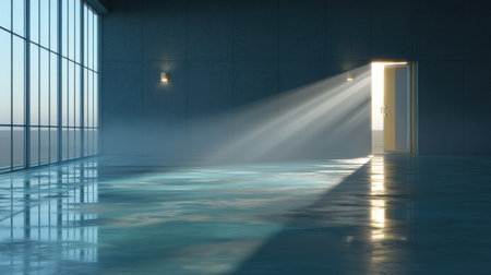 A modern, minimalist interior space featuring an open door with sunlight streaming in, creating a tranquil ambiance. Ideal for creative inspiration and serene environments.の素材