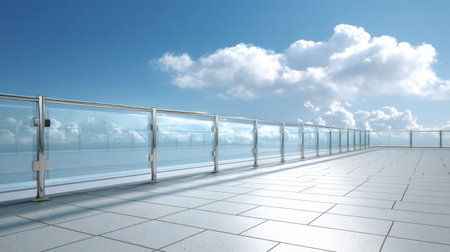 A spacious rooftop terrace featuring sleek glass railings, inviting you to enjoy a stunning view of a bright blue sky adorned with fluffy white clouds. Perfect for relaxation.の素材