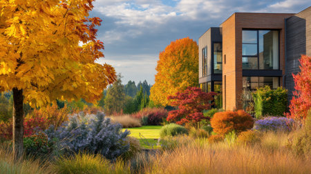 This stunning autumn scene showcases a modern house surrounded by vibrant trees and lush gardens, beautifully lit during the golden hour and inviting tranquility.の素材