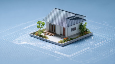 A detailed miniature model of a modern house placed on an architectural blueprint, showcasing innovative design elements, landscaping, and construction details.の素材