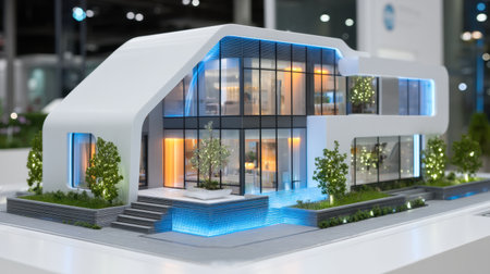 This image showcases a detailed architectural model of a modern home, highlighting innovative design, spacious interiors, and serene landscaping features, perfect for a promotional display.の素材