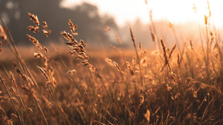 A stunning view of golden grasses swaying gently in a serene meadow, illuminated by warm sunlight, evoking a peaceful and tranquil atmosphere for nature lovers.の素材