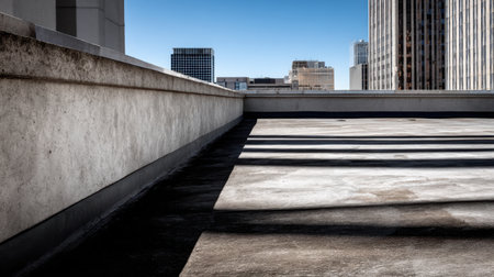 A minimalist concrete rooftop scene showcasing shadows cast by nearby buildings, set against a vibrant blue sky, highlighting urban architecture and tranquility.の素材