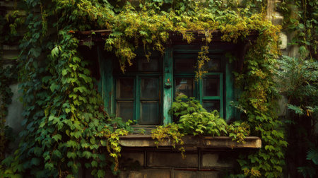 A captivating scene of an abandoned building's weathered window enveloped in lush green vines. This image highlights the beauty of nature reclaiming urban spaces.の素材