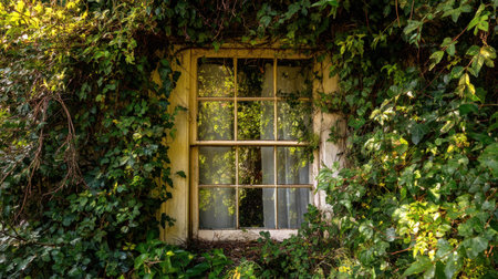 A rustic window framed by lush ivy creates a captivating scene in an overgrown garden. Natural light reflects through the greenery, evoking tranquility and serenity.の素材
