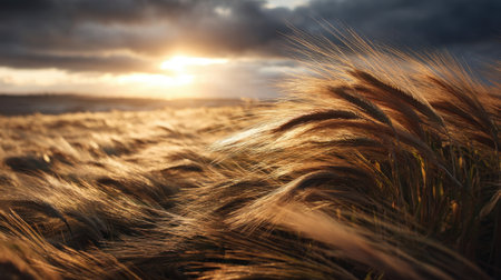 This stunning image captures a golden wheat field swaying gently in a warm sunset light, highlighting the beauty of nature and tranquility in rural landscapes.の素材