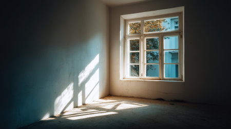 A serene empty room features a large window bathed in warm sunlight, casting soft shadows and illuminating dust particles, perfect for tranquil and minimalistic settings.の素材