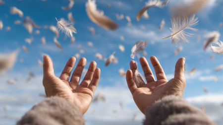 Two open hands reach towards a serene sky filled with floating feathers, creating a peaceful atmosphere that evokes feelings of freedom and tranquility.の素材