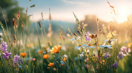 A breathtaking wildflower meadow at sunrise, filled with diverse blooms and soft sunlight. This serene landscape captures the beauty of nature in vibrant colors.の素材