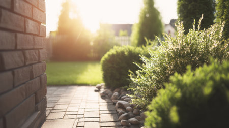 A beautifully lit garden pathway showcases lush greenery and colorful foliage in a serene evening atmosphere, ideal for nature-inspired landscaping and home enhancement.の素材