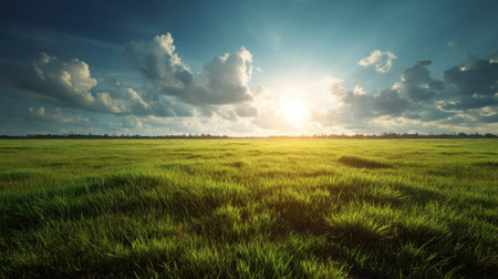 A breathtaking view of a green grass field under a vibrant sky, illuminated by the warm glow of sunlight. The scene evokes feelings of peace and tranquility, perfect for nature-themed projects.の素材