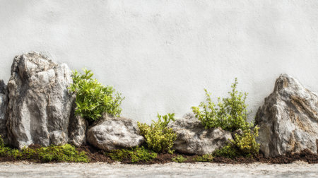 A tranquil scene showcasing natural stones and lush green plants against a bright white wall, perfect for conveying peacefulness and inspiration in landscape design.の素材