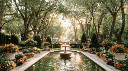A tranquil garden scene featuring a central fountain surrounded by lush trees and vibrant flowers, beautifully illuminated by warm sunlight during the golden hour.の素材