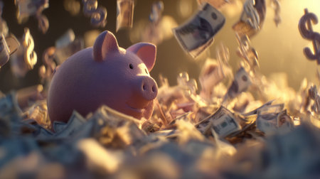 A delightful pink piggy bank sits amid swirling dollar bills, symbolizing the joy of saving and the pursuit of financial prosperity in a bright, inviting scene.の素材