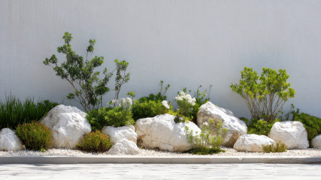 A tranquil outdoor garden scene featuring white rocks and vibrant green plants. The sunlight creates a serene atmosphere against a clean white wall backdrop.の素材