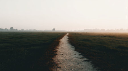 A tranquil path leads through a misty grassland at dawn, capturing the essence of peace and adventure. This serene landscape invites exploration in nature.の素材