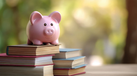 A cute pink piggy bank rests atop a stack of colorful books, representing the concepts of savings and education, promoting financial literacy for learners and students.の素材