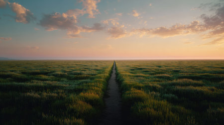 Experience the calming beauty of a scenic pathway through a vibrant green field at sunset, where nature's tranquility meets a colorful sky filled with soft clouds.の素材