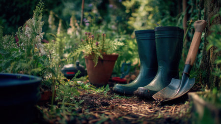 A picturesque scene featuring green gardening boots and a shovel set among vibrant plants, capturing the essence of peaceful gardening and nature's beauty.の素材