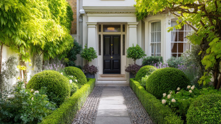 This captivating image features a lush garden pathway leading to an elegant front door surrounded by vibrant plants and neatly trimmed topiaries, creating a serene atmosphere.の素材