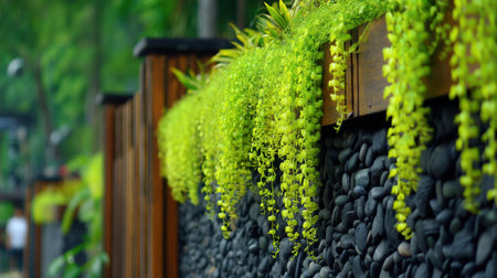 Vibrant green hanging plants cascade elegantly over a stone wall, creating a serene outdoor space that invites tranquility and showcases the beauty of nature.の素材