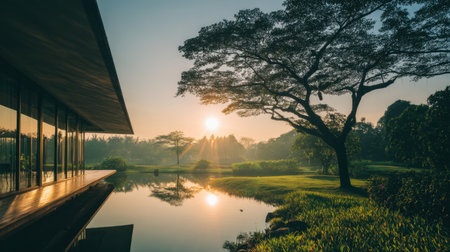 This breathtaking scene captures a tranquil morning view featuring serene waters, lush greenery, and gentle sunlight creating a harmonious atmosphere.の素材